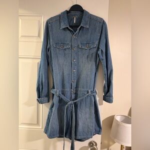 GUC Free People Denim Long Sleeve Button Up Romper with Relaxed Belt Size M